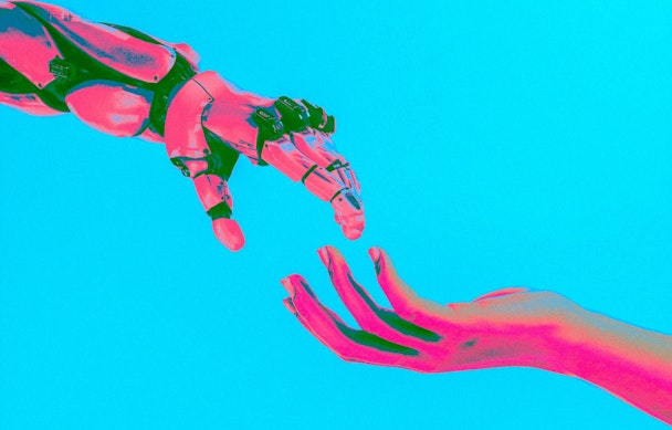 A screenprint-style image of a robot hand and a human hand reaching to touch one another