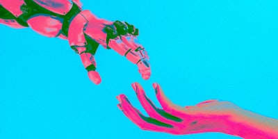 A screenprint-style image of a robot hand and a human hand reaching to touch one another