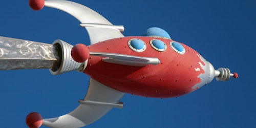 An art deco-style rocket, at Cape Canaveral, US