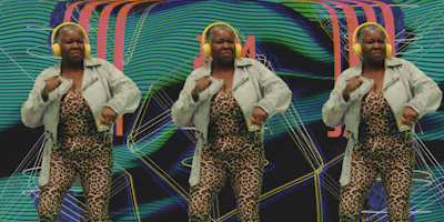 Still from the Pump up the Jam video featuring a viral dancing gran