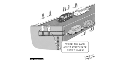 A cartoon showing cars flying by an out of home spot. To the disappointment of marketers. 