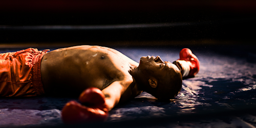 Boxer lays on the canvas, exhausted