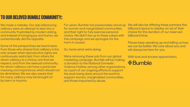 Bumble's apology